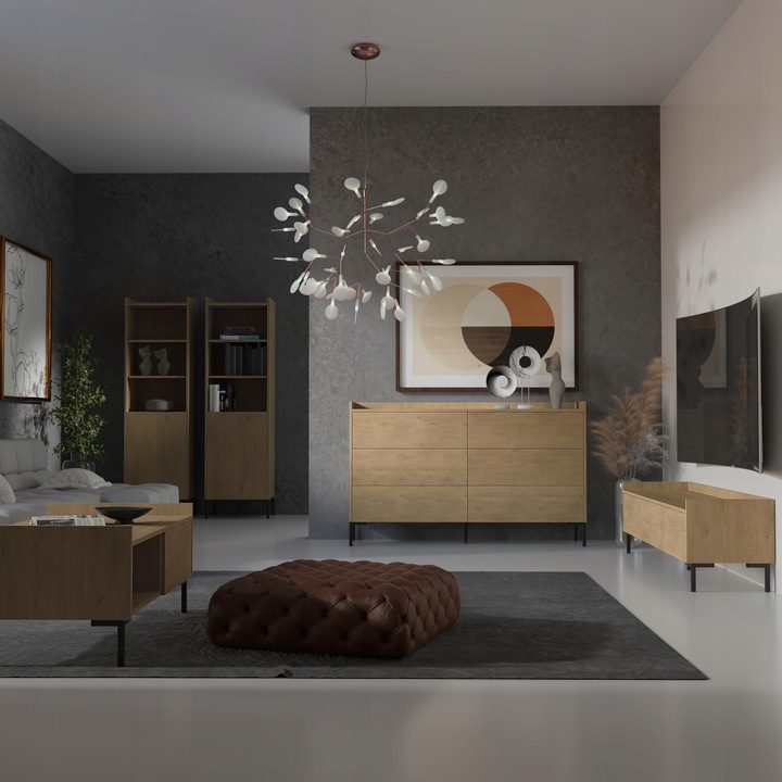 Sada nábytku Liam Dub Cremona / komoda + lavice + RTV skříňka + 2 regály