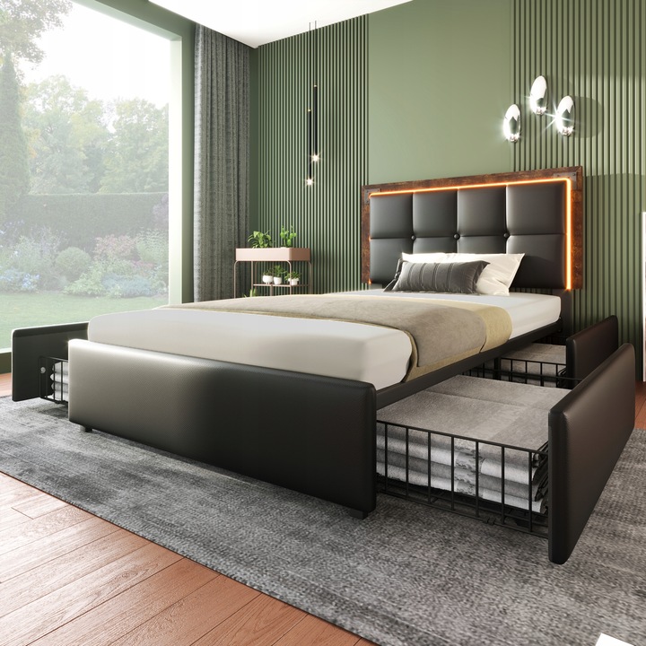 Samostatná postel, čalouněná postel 90x200 cm PU 4 šuplík LED černá
