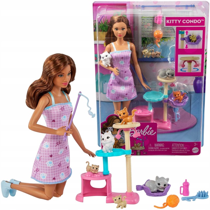SET BARBIE HRA S KOČIČKAMI PANENKA CHŮVA KOČEK VĚŽ FIGURKY + PŘÍSLUŠENSTVÍ