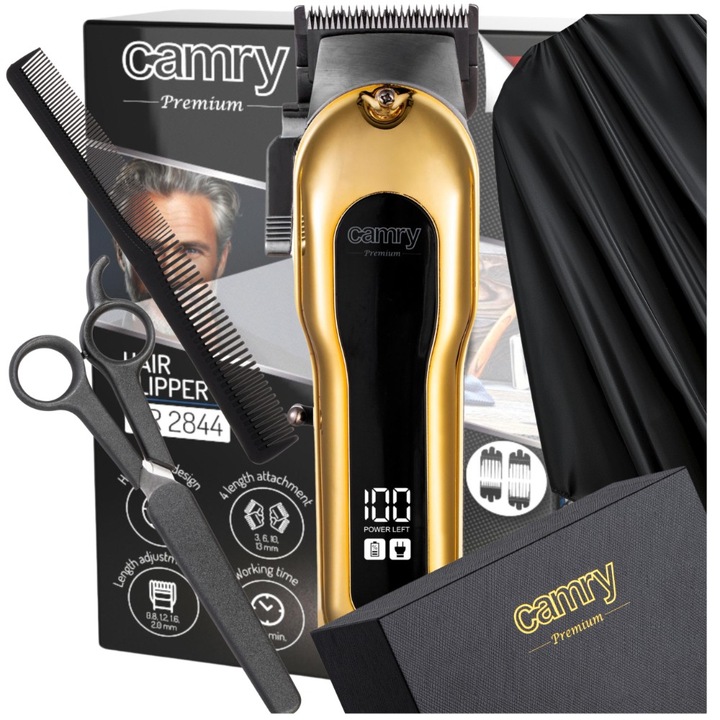 STŘÍHACÍ STROJEK NA VLASY CAMRY LCD USB 200 MINUT 4 NÁSTAVCE OCEL