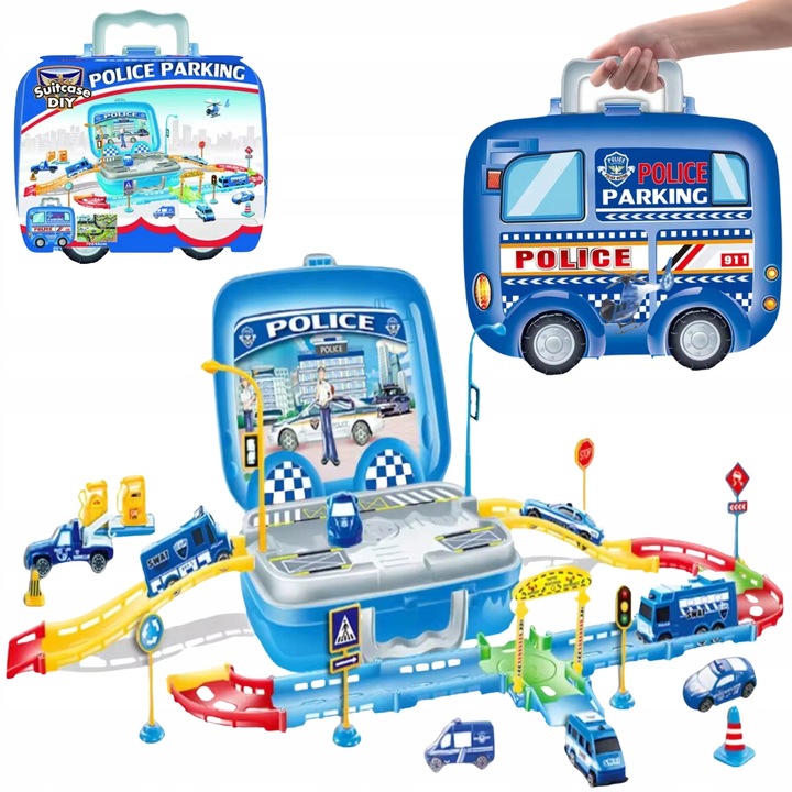 Sada POLICEJNÍCH AUT V KUFRU, ulice, parkoviště, značky, vrtulník, 44 ks.