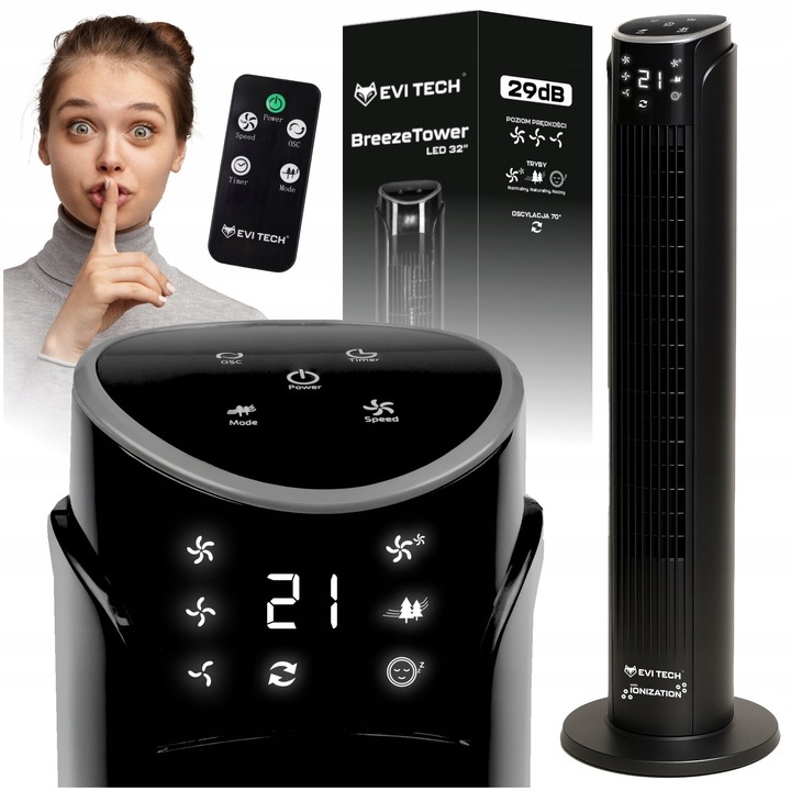 SLOUPOVÝ VENTILÁTOR TICHÝ 29 dB IONIZACE + 10 m dosah XXL 84 cm PILOT TIMER