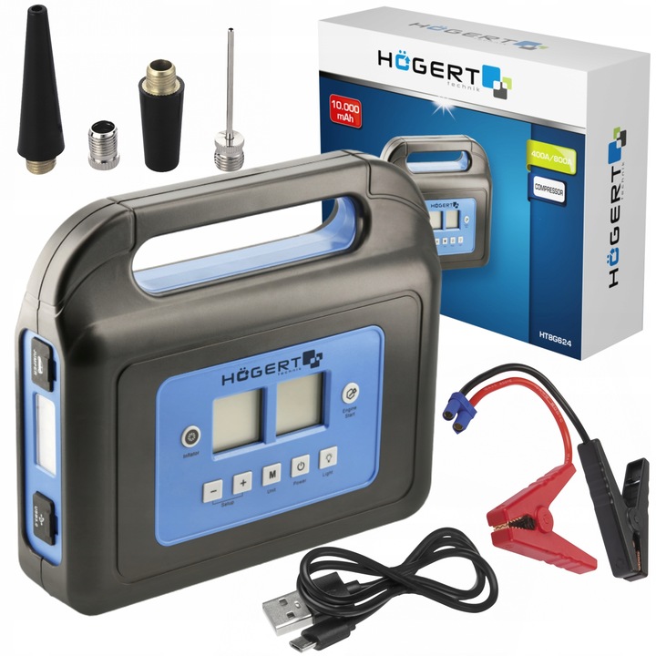 Startovací zařízení 400A s kompresorem, svítilnou a powerbankou, Hoegert AKCE