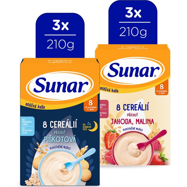 Sunar Mléčná kaše 8 cereálií mix příchutí, 210 g