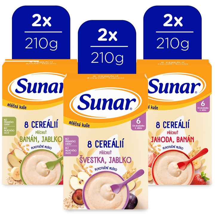 Sunar mléčná kaše 8 cereálií mix příchutí, 6m+, 6x 210 g