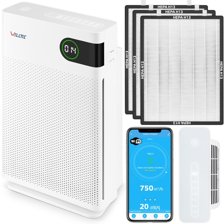 TICHÝ ČISTIČ VZDUCHU WELLTEC APH450D 85 m² HEPA H13 WiFi TURBO FILTRY