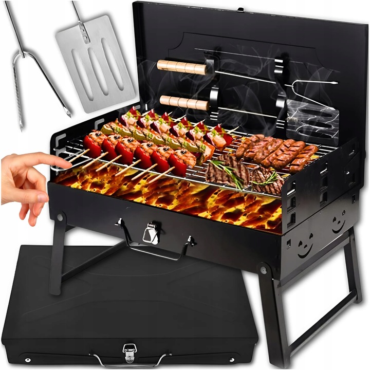TURISTICKÝ ZAHRADNÍ GRIL PŘENOSNÝ SKLÁDACÍ BBQ KUFR + PŘÍSLUŠENSTVÍ