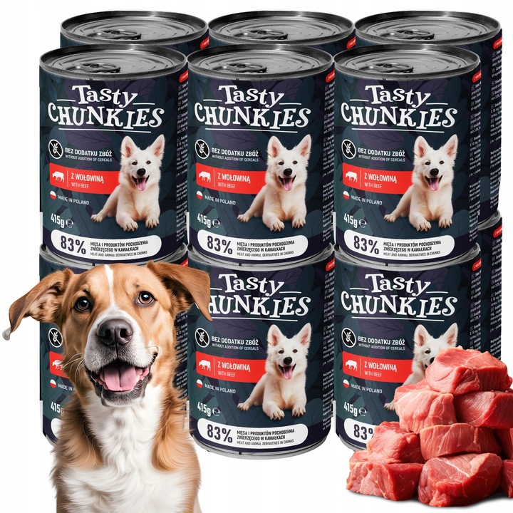 Tasty Chunkies vlhké krmivo pro psa Hovězí PLECHOVKA sada 12x415g + DÁREK