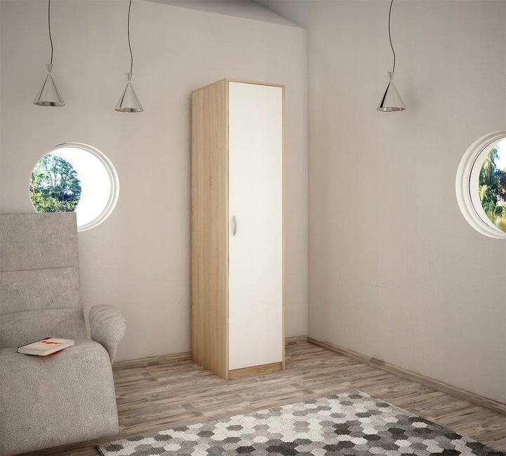Úzká šatní skříň SIMELA - šířka 45 cm, dub sonoma / bílá