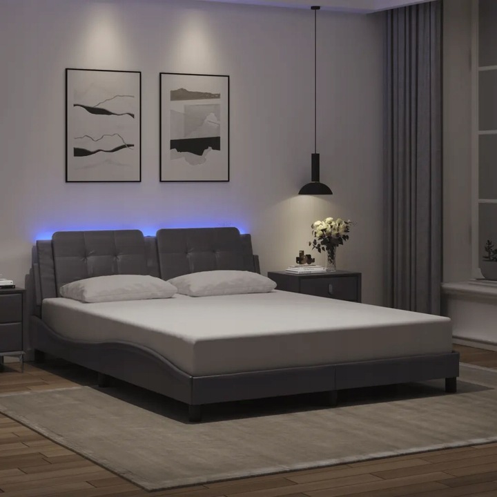 vidaXL Rám postele s LED, šedý, 160 x 200 cm, umělá kůže