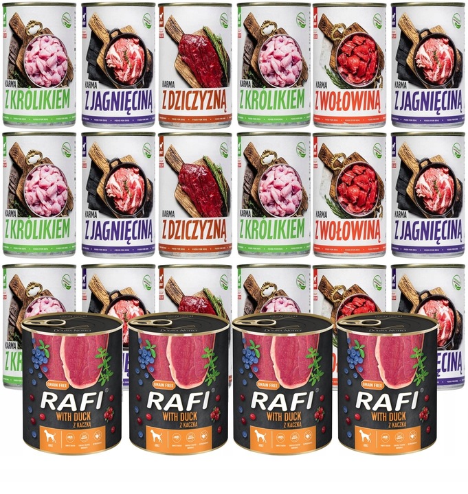 VLHKÉ KRMIVO 24 x 400 g. RAFI + TUF TUF MIX CHUTÍ 9,6 kg V PLECHOVCE nejlevnější