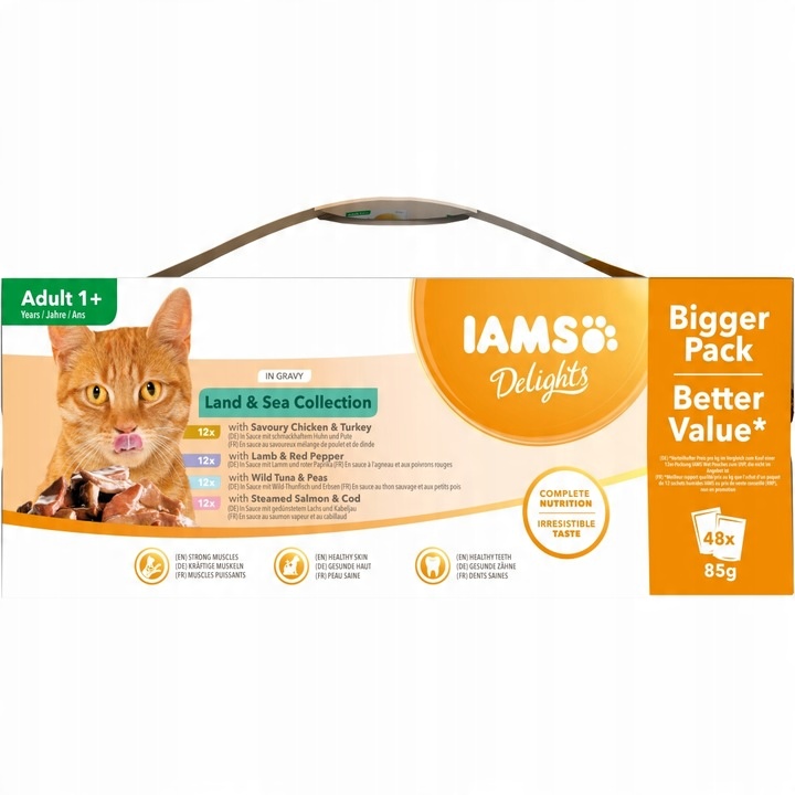 VLHKÉ KRMIVO IAMS DELIGHTS PRO KOČKY MASOVÉ A RYBÍ PŘÍCHUTĚ V OMÁČCE 48x85 g