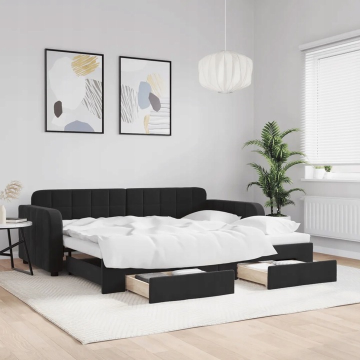 vidaXL Rozkládací pohovka se zásuvkami, černá, 90 x 200 cm, samet