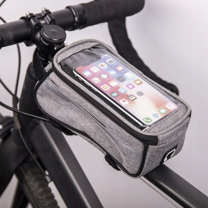 VODĚODOLNÁ CYKLISTICKÁ TAŠKA S DRŽÁKEM NA TELEFON, ŠEDÁ