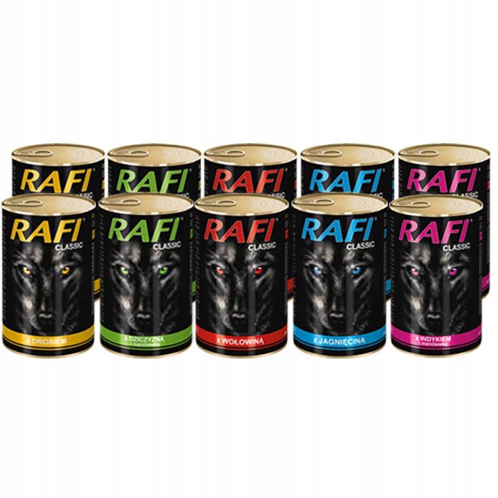 Vlhké Krmivo pro psa RAFI mix 5 příchutí sada plechovek 10x1240g Dolina Noteci