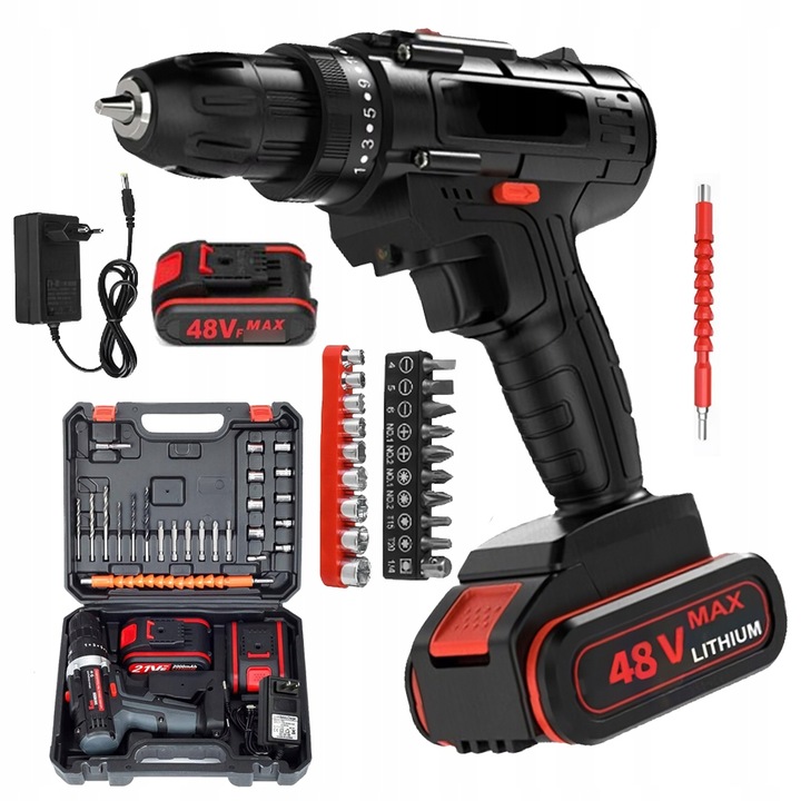 VÝKONNÁ AKU VRTAČKA 2AKU 48V PŘÍKLEPOVÁ S LED + KUFR SLEVA