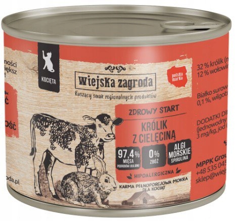 Wiejska Zagroda | Krmivo mokré pro koťata | Plechovka Králík s telecím masem 0,2 kg