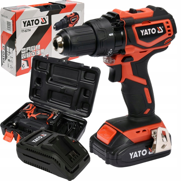 YATO AKU ŠROUBOVÁK AKUMULÁTOROVÁ BEZKARTÁČOVÁ VRTAČKA 18V +2Ah 42Nm YT-82794
