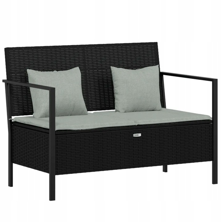 Zahradní ratanová lavička pro 2 osoby (112 x 59 x 82,5 cm) černá s polštáři