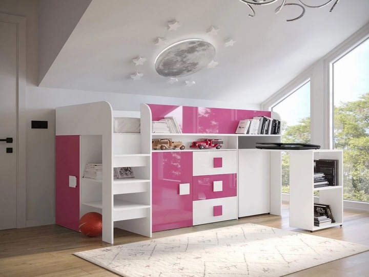 Zvýšená multifunkční dětská postel 90x200 LANKA 1 - bílá / lesklá bílá / le