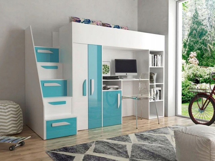 Zvýšená multifunkční postel 90x200 GRACLA - bílá / lesklá bílá / lesklá tyr