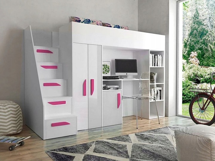 Zvýšená multifunkční postel 90x200 GRACLA - bílá / lesklá bílá / růžová