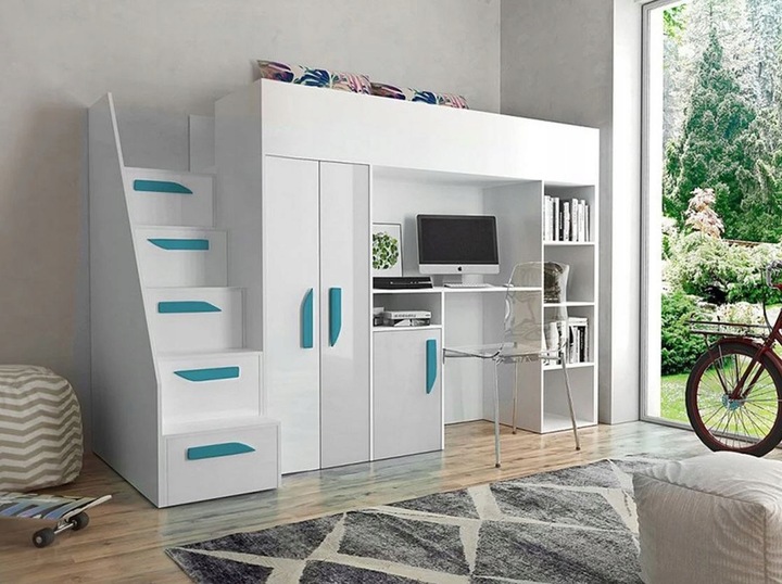 Zvýšená multifunkční postel 90x200 GRACLA - bílá / lesklá bílá / tyrkysová