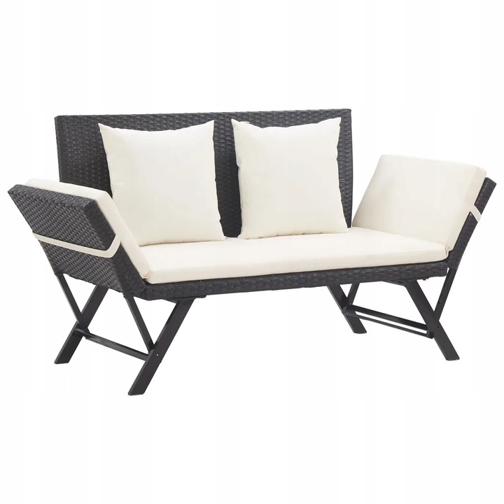 Zahradní lehátko 2v1, 130-176x70x80cm, černý ratan + smetanové polštáře