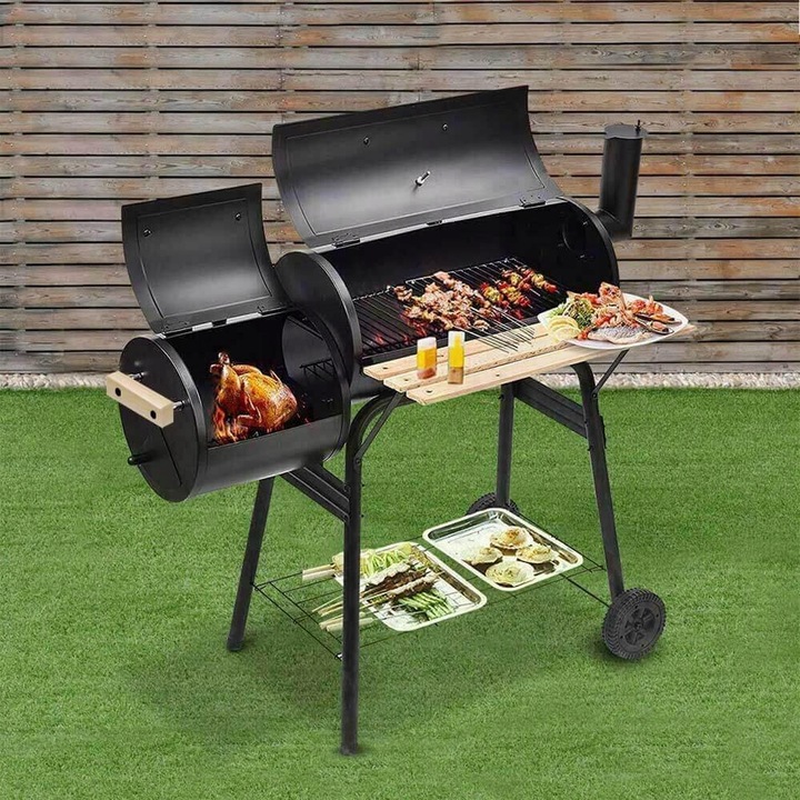 Zahradní gril na dřevěné uhlí s udírnou 2v1 přenosný BBQ policový teploměr