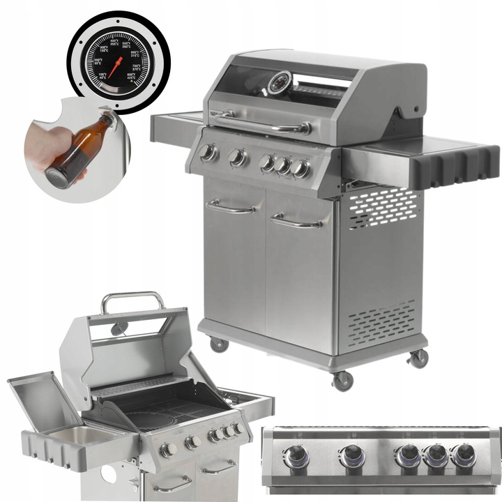 ZAHRADNÍ PLYNOVÝ GRIL 4+1 NEREZOVÁ OCEL 14,2kW SKLO YATO GASTRO YG-20003