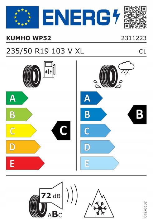 Zimní pneumatika Kumho WinterCraft WP52 235/50R19 103 V, přilnavost na sněhu (3PMSF), zesílení (XL)