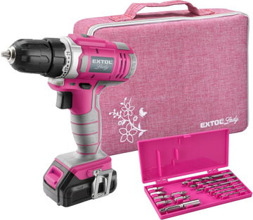 EXTOL LIGHT vrtací šroubovák aku, růžový, 12V Li-ion, 1300mAh, v tašce, EXTOL LADY, 402401