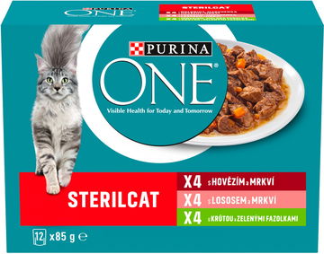Purina ONE Sterilcat Multipack s hovězím, lososem a krůtou ve šťávě 12 × 85 g
