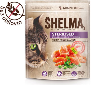 Shelma bezobilné granule s čerstvým lososem pro sterilizované kočky 750 g