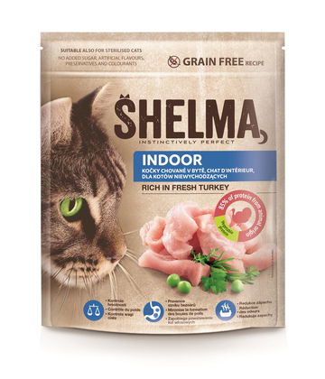 Shelma Indoor bezobilné granule s čerstvým krůtím pro dospělé kočky žijicí v bytě 750 g