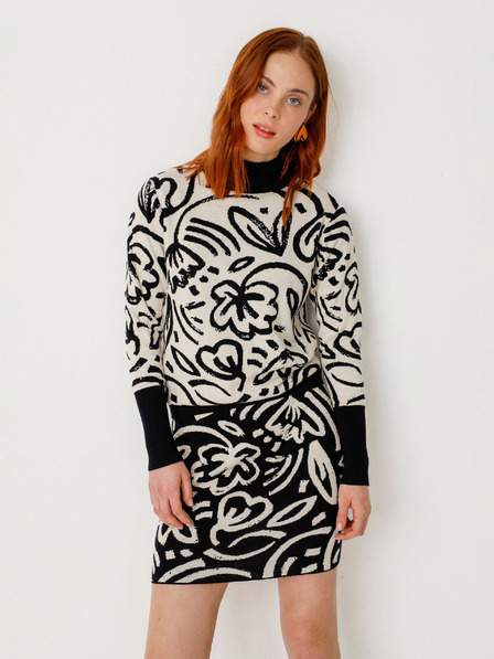 Černo-krémový dámský květovaný svetr SKFK Suéter Dunixe