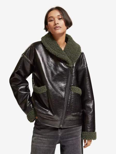 Černá dámská zimní koženková bunda s umělým kožíškem Scotch & Soda