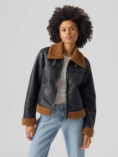 Hnědo-černá dámská koženková bunda VERO MODA Manhattan