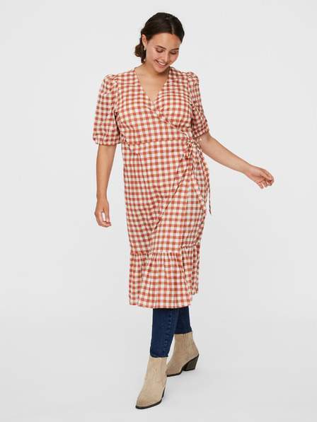 Hnědé kostkované zavinovací šaty VERO MODA CURVE Tamitta