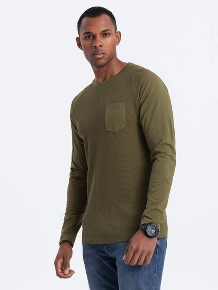 Khaki pánské basic tričko s kapsičkou Ombre Clothing SLEVA