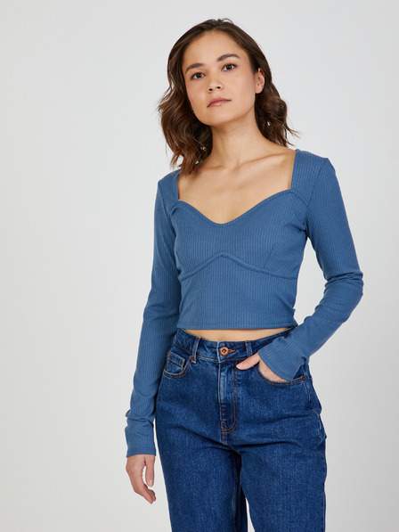 Modré dámské žebrované cropped tričko TALLY WEiJL VÝPRODEJ