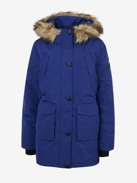 Modrá dámská parka s kapucí s umělým kožíškem Superdry Everest nejlevnější