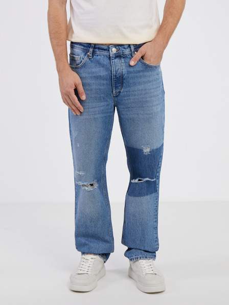 Modré straight fit džíny s potrhaným efektem ONLY & SONS