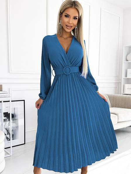 Plisované midi šaty s výstřihem, dlouhým rukávem a širokým páskem Numoco VIVIANA