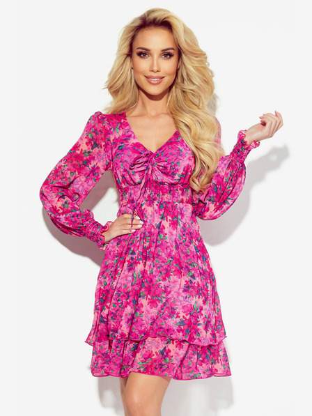 Šifonové šaty se zavazovaným výstřihem - růžové květy MONICA