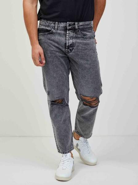 Šedé zkrácené straight fit džíny s potrhaným a vyšisovaným efektem ONLY & SONS Avi