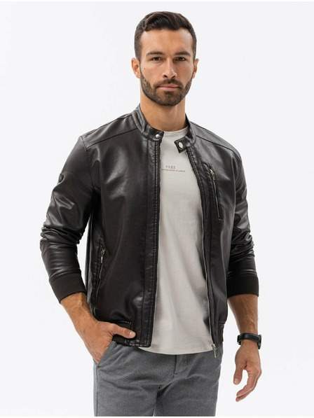 Tmavě hnědá pánská koženková bunda Ombre Clothing
