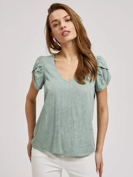 Zelené tričko s výstřihem do V a nabíranými rukávy Moodo