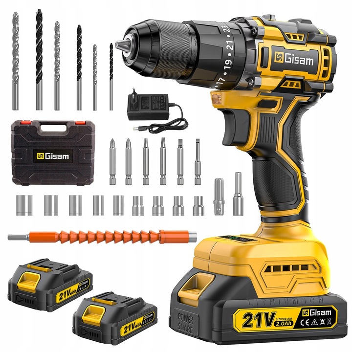 21V Bezuhlíková Vŕtačka/Skrutkovač s Príklepom – 2 Batérie + Sada Vrtákov v Kufríku