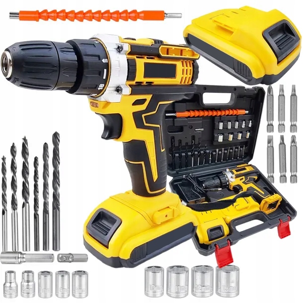 AKUMULÁTOROVÁ VŔTAČKA 21 V + 2 AKUMULÁTORY, KUFOR + VEĽKÝ SET